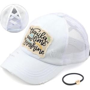 imageCC Exclusives Washed Distressed Embroidered Patch Cotton Denim CrissCross Ponytail Hat Adjustable Baseball CapTequila  White
