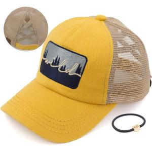 imageCC Exclusives Washed Distressed Embroidered Patch Cotton Denim CrissCross Ponytail Hat Adjustable Baseball CapWild  Mustard