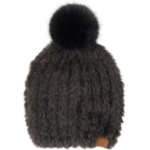 imageCC Faux Fur Pom Beanie for Women  Stretchable Soft Warm Knit Winter Skully Hat with Faux Fur PomBlack