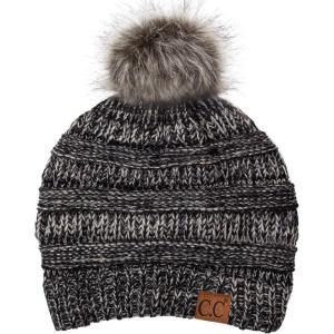 imageCC Fur Pom Winter Fall Trendy Chunky Stretchy Cable Knit Beanie Hat3 Tone Gray W Pom