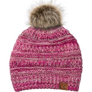 imageCC Fur Pom Winter Fall Trendy Chunky Stretchy Cable Knit Beanie Hat3 Tone Pink W Pom