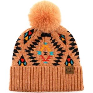 imageCC Fur Pom Winter Fall Trendy Chunky Stretchy Cable Knit Beanie HatAztec Desert Sand