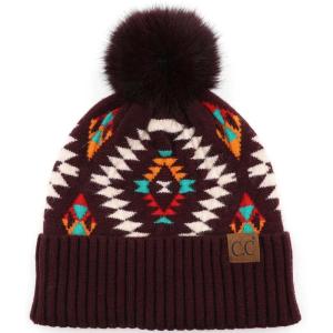 imageCC Fur Pom Winter Fall Trendy Chunky Stretchy Cable Knit Beanie HatAztec Dk Berry