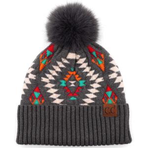imageCC Fur Pom Winter Fall Trendy Chunky Stretchy Cable Knit Beanie HatAztec Dk Gray