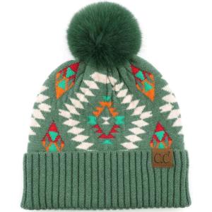 imageCC Fur Pom Winter Fall Trendy Chunky Stretchy Cable Knit Beanie HatAztec Forest Green