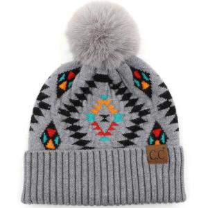 imageCC Fur Pom Winter Fall Trendy Chunky Stretchy Cable Knit Beanie HatAztec Lt Gray