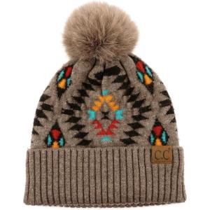 imageCC Fur Pom Winter Fall Trendy Chunky Stretchy Cable Knit Beanie HatAztec Taupe