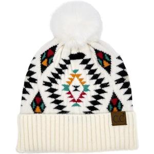 imageCC Fur Pom Winter Fall Trendy Chunky Stretchy Cable Knit Beanie HatAztec White