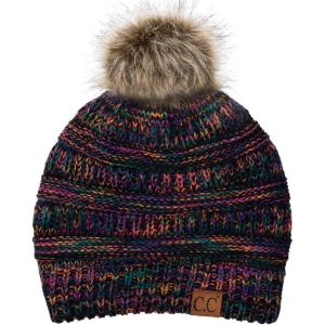 imageCC Fur Pom Winter Fall Trendy Chunky Stretchy Cable Knit Beanie HatBlackMulti W Pom