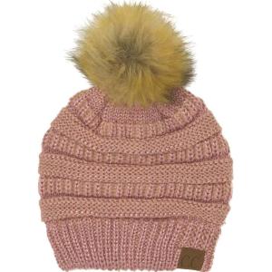 imageCC Fur Pom Winter Fall Trendy Chunky Stretchy Cable Knit Beanie HatMetallic Rose