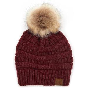 imageCC Fur Pom Winter Fall Trendy Chunky Stretchy Cable Knit Beanie HatSnuggly Soft Berry Mix