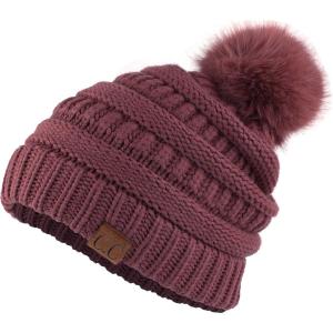 imageCC Fur Pom Winter Fall Trendy Chunky Stretchy Cable Knit Beanie HatSnuggly Soft Coco Berry