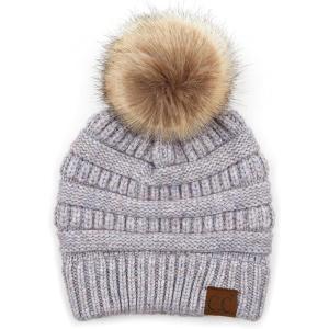 imageCC Fur Pom Winter Fall Trendy Chunky Stretchy Cable Knit Beanie HatSnuggly Soft Periwinkle Mix