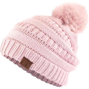 imageCC Fur Pom Winter Fall Trendy Chunky Stretchy Cable Knit Beanie HatSnuggly Soft Rose