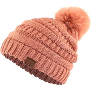 imageCC Fur Pom Winter Fall Trendy Chunky Stretchy Cable Knit Beanie HatSnuggly Soft Sand Stone