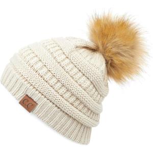 imageCC Fur Pom Winter Fall Trendy Chunky Stretchy Cable Knit Beanie HatSolid Beige