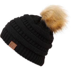 imageCC Fur Pom Winter Fall Trendy Chunky Stretchy Cable Knit Beanie HatSolid Black
