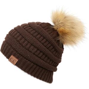 imageCC Fur Pom Winter Fall Trendy Chunky Stretchy Cable Knit Beanie HatSolid Brown