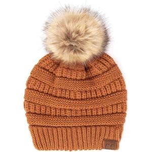 imageCC Fur Pom Winter Fall Trendy Chunky Stretchy Cable Knit Beanie HatSolid Clay