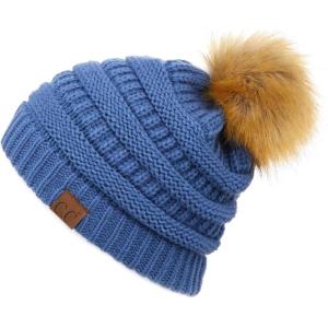 imageCC Fur Pom Winter Fall Trendy Chunky Stretchy Cable Knit Beanie HatSolid Dk Denim
