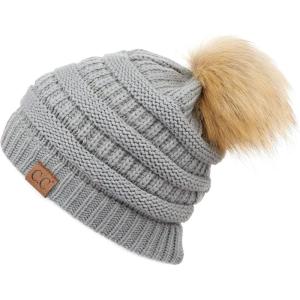 imageCC Fur Pom Winter Fall Trendy Chunky Stretchy Cable Knit Beanie HatSolid Natural Gray
