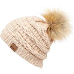imageCC Fur Pom Winter Fall Trendy Chunky Stretchy Cable Knit Beanie HatSolid New Beige