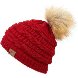 imageCC Fur Pom Winter Fall Trendy Chunky Stretchy Cable Knit Beanie HatSolid Red