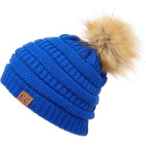 imageCC Fur Pom Winter Fall Trendy Chunky Stretchy Cable Knit Beanie HatSolid Royal