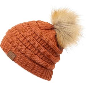 imageCC Fur Pom Winter Fall Trendy Chunky Stretchy Cable Knit Beanie HatSolid Rust
