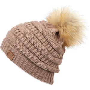 imageCC Fur Pom Winter Fall Trendy Chunky Stretchy Cable Knit Beanie HatSolid Taupe