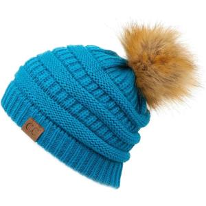 imageCC Fur Pom Winter Fall Trendy Chunky Stretchy Cable Knit Beanie HatSolid Teal