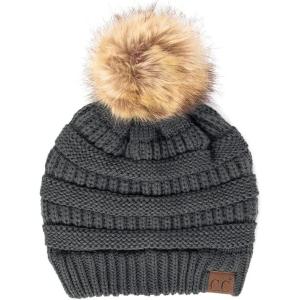 imageCC Fur Pom Winter Fall Trendy Chunky Stretchy Cable Knit Beanie HatSolid Teal Gray
