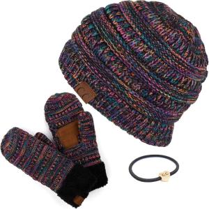 imageCC Hatsandscarf CC Exclusives Solid Color Beanie Tail Hat0 Gift Setblack Multimitten