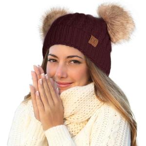 imageCC Hatsandscarf Exclusives Cable Knit Double Pom Winter Beanie HAT2055HAT23Berrynatural Pom