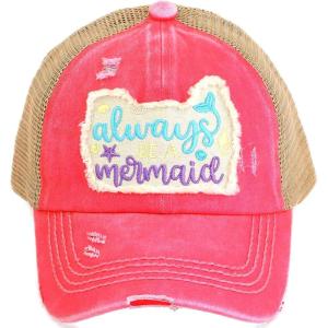 imageCC Kids 25 Ponytail Messy Buns Ponycaps Baseball Visor Cap HatCriss Cross Distressed Always Be a Mermaid Pink