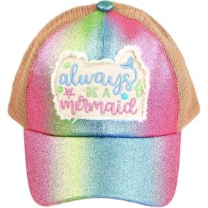 imageCC Kids 25 Ponytail Messy Buns Ponycaps Baseball Visor Cap HatCriss Cross Distressed Always Be a Mermaid Pink Multi