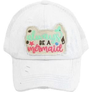 imageCC Kids 25 Ponytail Messy Buns Ponycaps Baseball Visor Cap HatCriss Cross Distressed Always Be a Mermaid White