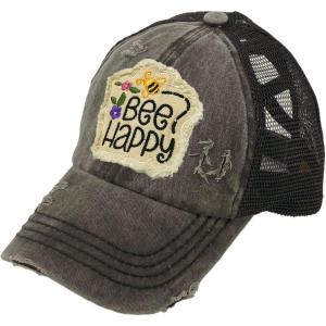 imageCC Kids 25 Ponytail Messy Buns Ponycaps Baseball Visor Cap HatCriss Cross Distressed Bee Happy Black