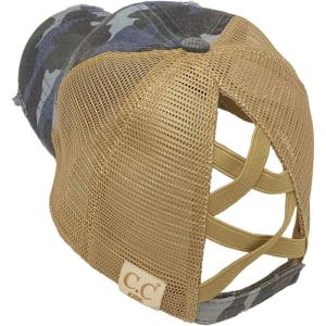 imageCC Kids 25 Ponytail Messy Buns Ponycaps Baseball Visor Cap HatCriss Cross Distressed Camo Blue