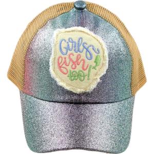 imageCC Kids 25 Ponytail Messy Buns Ponycaps Baseball Visor Cap HatCriss Cross Distressed Girls Fish Too Purple Multi