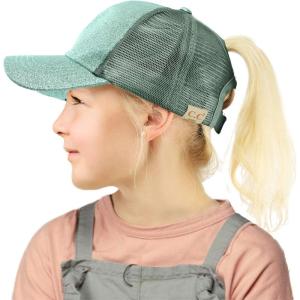 imageCC Kids 25 Ponytail Messy Buns Ponycaps Baseball Visor Cap HatGlitter Mint