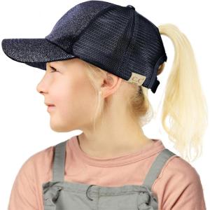 imageCC Kids 25 Ponytail Messy Buns Ponycaps Baseball Visor Cap HatGlitter Navy
