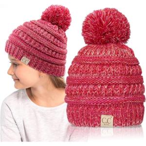 imageCC Kids Beanie Ages 25 Warm Chunky Stretchy Knit Slouch Beanie Skull Kids Hat with Pom4 Tone  Hot Pink Mix