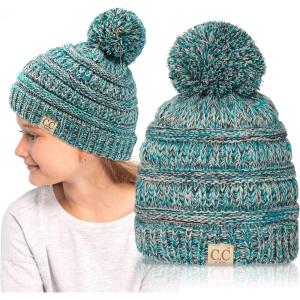 imageCC Kids Beanie Ages 25 Warm Chunky Stretchy Knit Slouch Beanie Skull Kids Hat with PomGreen Mix