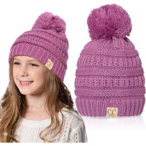 imageCC Kids Beanie Ages 25 Warm Chunky Stretchy Knit Slouch Beanie Skull Kids Hat with PomNew Lavender