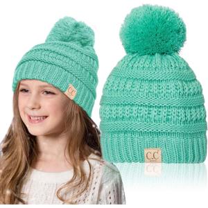 imageCC Kids Beanie Ages 25 Warm Chunky Stretchy Knit Slouch Beanie Skull Kids Hat with PomSage
