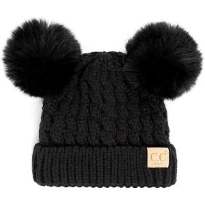 imageCC Kids Cable Knit Double Pom Beanie for Kids  Comfortable Soft Warm Children Youth Skully Hat with PomMatching Faux Fur Pom Black