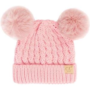 imageCC Kids Cable Knit Double Pom Beanie for Kids  Comfortable Soft Warm Children Youth Skully Hat with PomMatching Faux Fur Pom Pale Pink