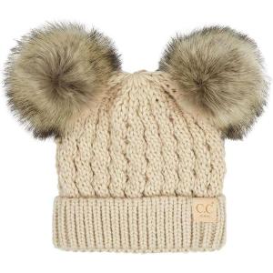 imageCC Kids Cable Knit Double Pom Beanie for Kids  Comfortable Soft Warm Children Youth Skully Hat with PomNatural Faux Fur Pom Beige
