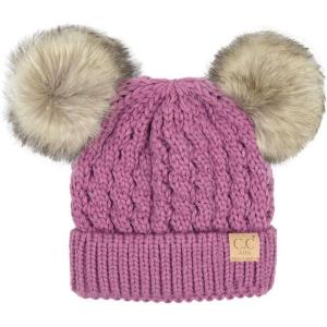 imageCC Kids Cable Knit Double Pom Beanie for Kids  Comfortable Soft Warm Children Youth Skully Hat with PomNatural Faux Fur Pom New Lavender